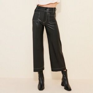 Maeve Anthropologie The Colette Faux Leather Wide Leg Pants Black Size 27‎